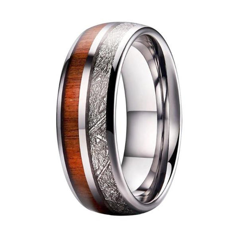 Gibeon Meteorite & Wood Ring Band - Silver Stainless Steel