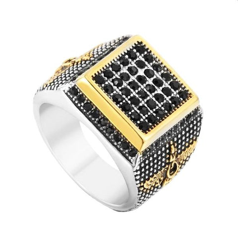 Deluxe Two-Tone Silver & Gold Signet Ring with Black Pave Crystals