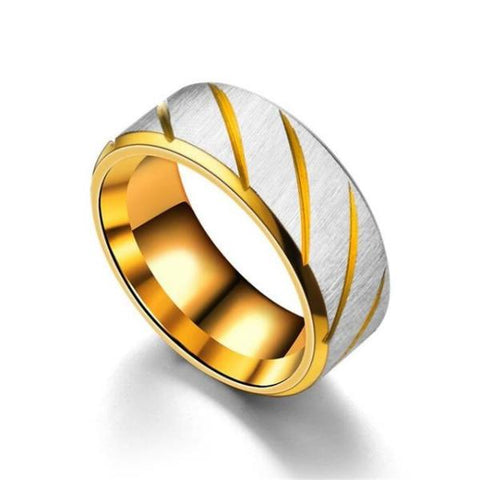 Gold Striped Matte Silver Stainless Steel Ring Band