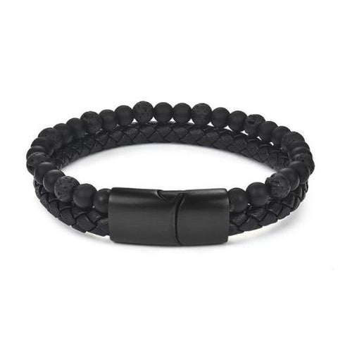 Burnt Black Dual Beaded Leather Bracelet