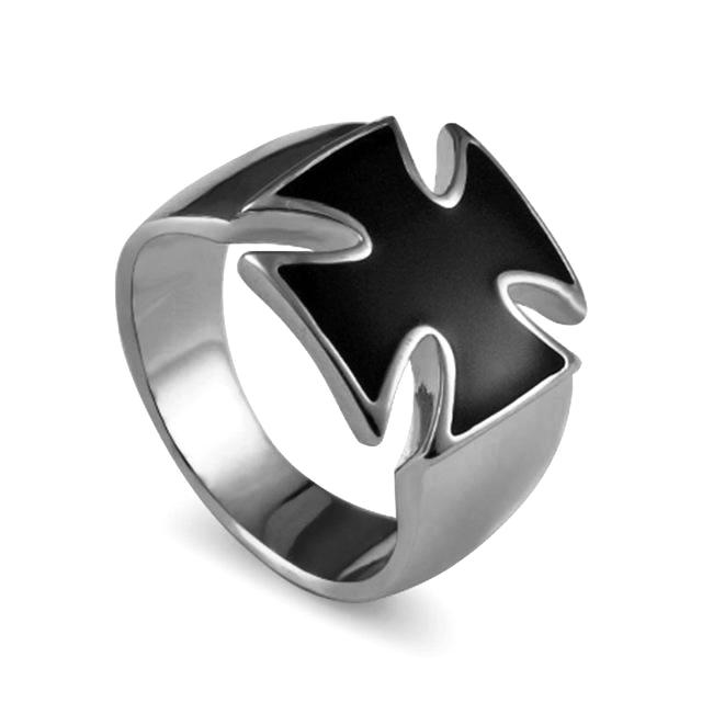 Black Iron Cross Biker Ring - Silver