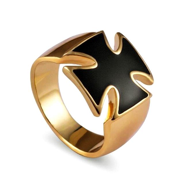 Black Iron Cross Biker Ring - Gold