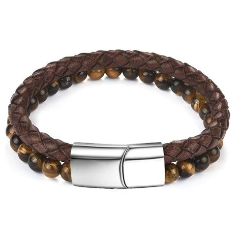 Brown Dual Beaded Leather Bracelet